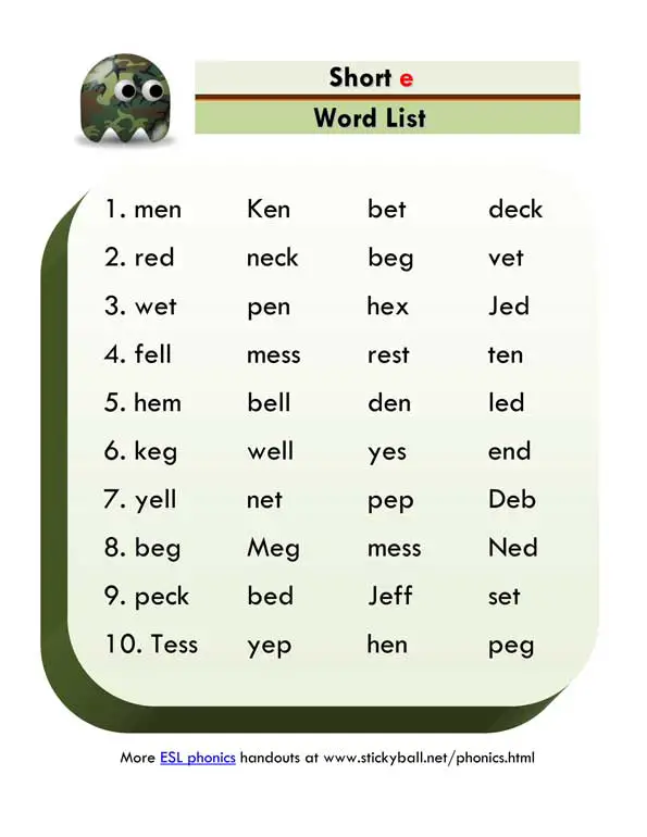 short e word list and sentences 1