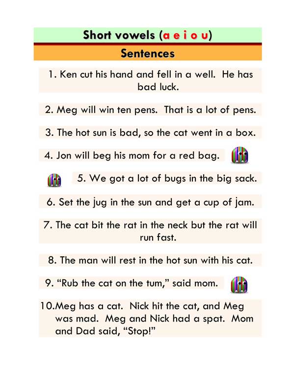 short vowels mixed word list and sentences 2