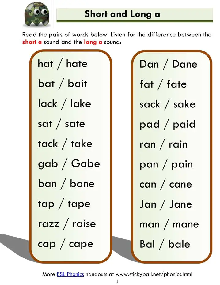 short a and long a word list and sentences 1