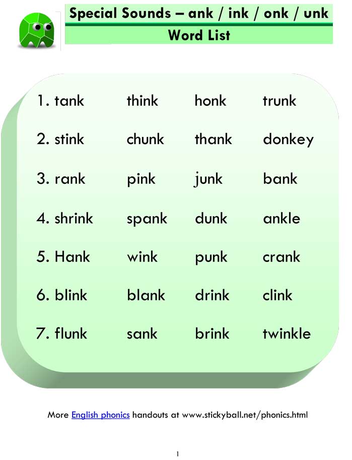 ank ink onk unk word list and sentences 1