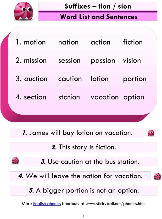 tion sion word list and sentences