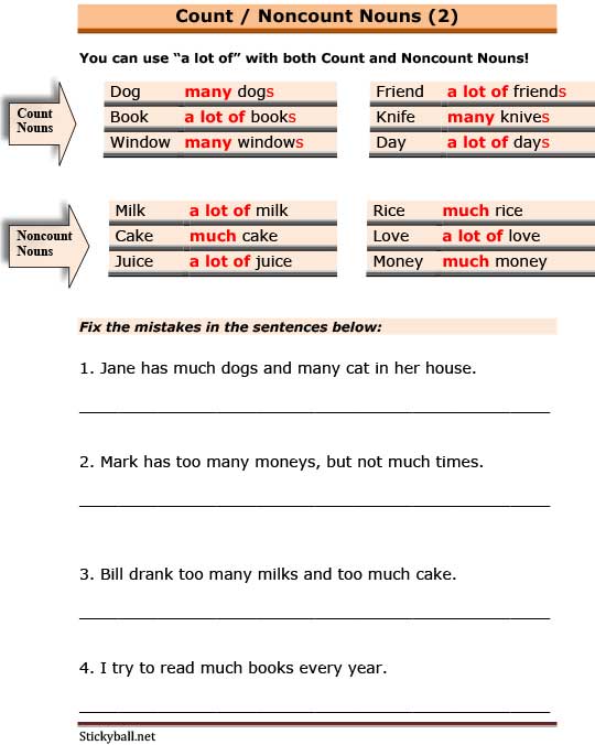 ESL Grammar Worksheets Count Noncount Nouns 2 