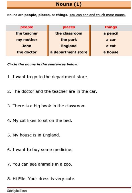 esl grammar worksheets introduction to nouns stickyballnet esl