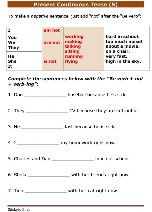 esl grammar present continuous tense negative sentences