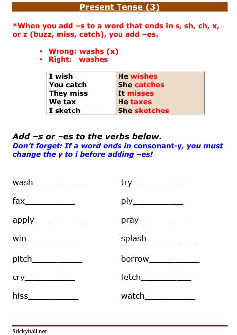 ESL Grammar Present Tense practice Adding s es To Verbs 