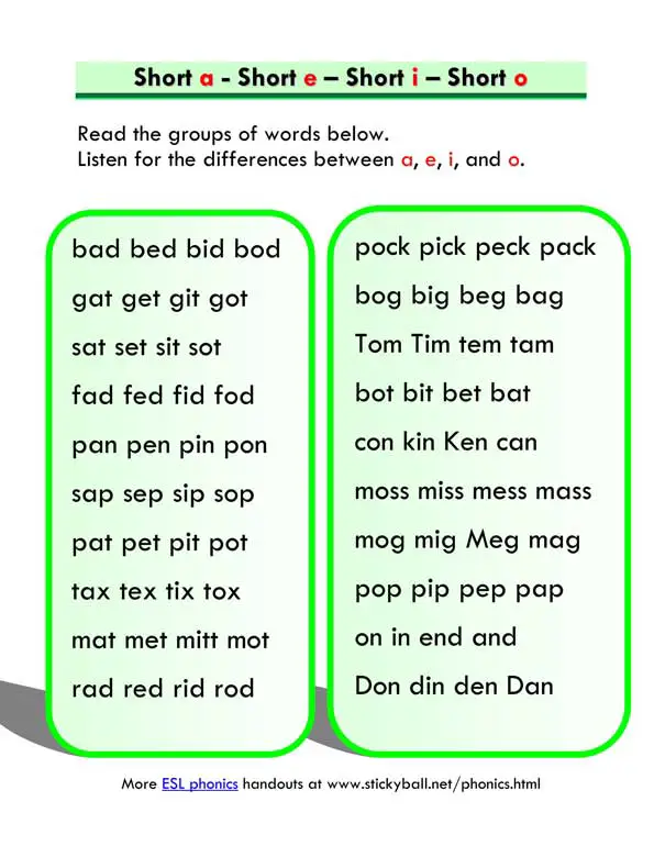 Short and Long o - Word List and Sentences 
