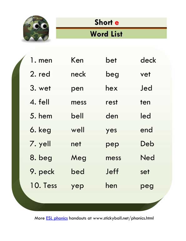 Short and Long Vowels (mixed) - Word List and Sentences 