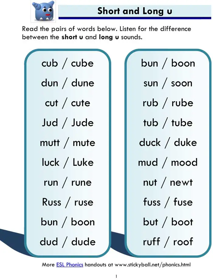 Short and Long u - Word List and Sentences 