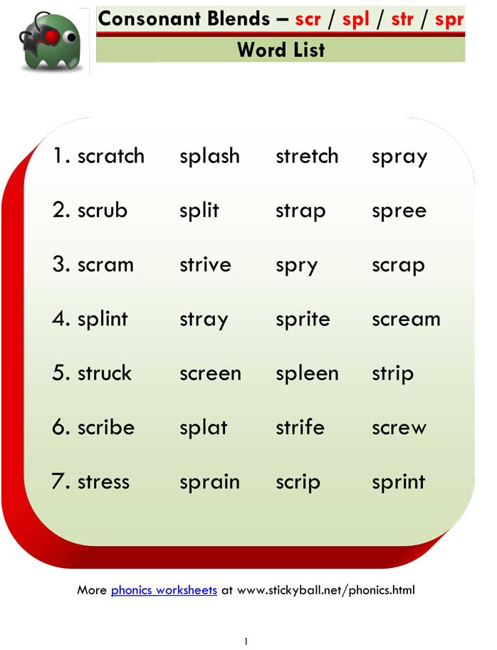 Consonant Blends (scr spl spr str) Word List and Sentences