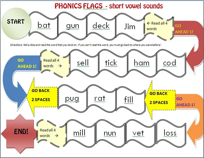 phonics board game phonics flags short vowels