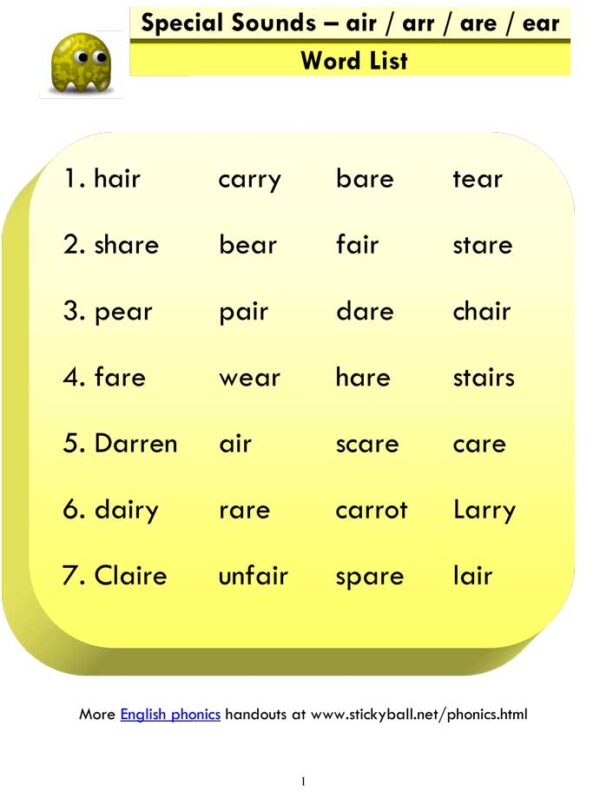 Advanced Phonics (air / arr / are / ear) - Word List and Sentences