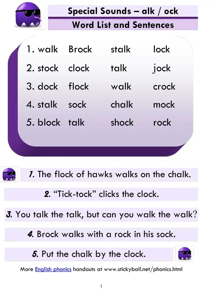 Advanced Phonics alk Ock Word List And Sentences