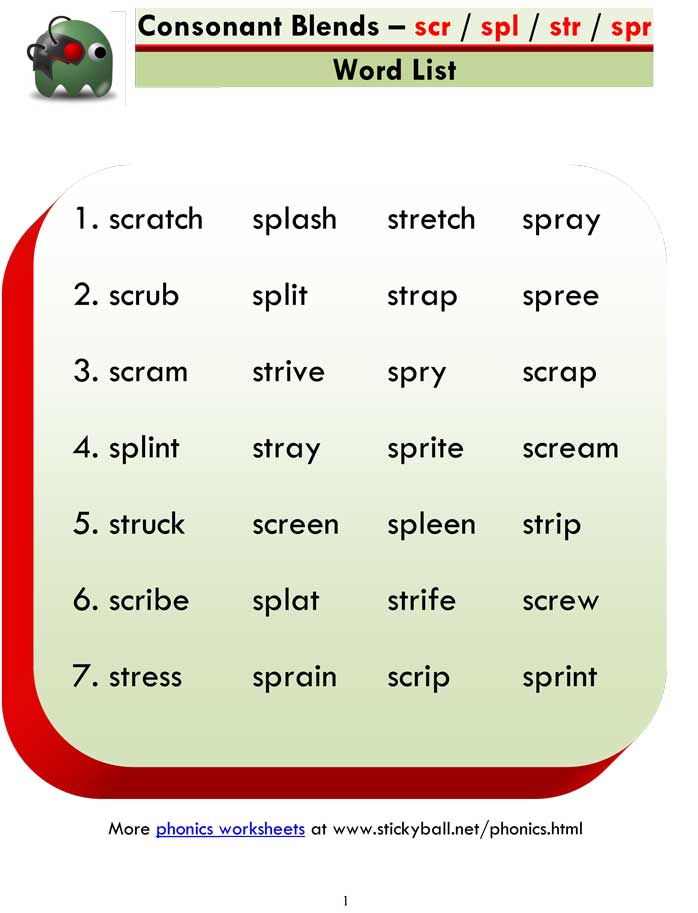 Consonant Blends scr Spl Spr Str Word List And Sentences