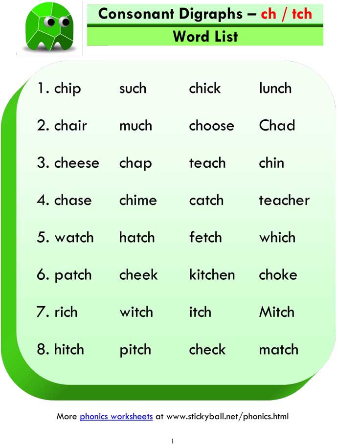 Consonant Digraphs ch Tch Word List And Sentences