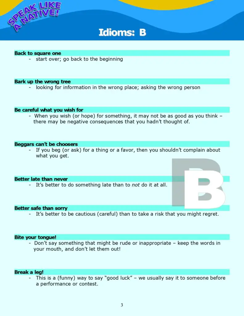 Idioms: "B" - Definitions and Review