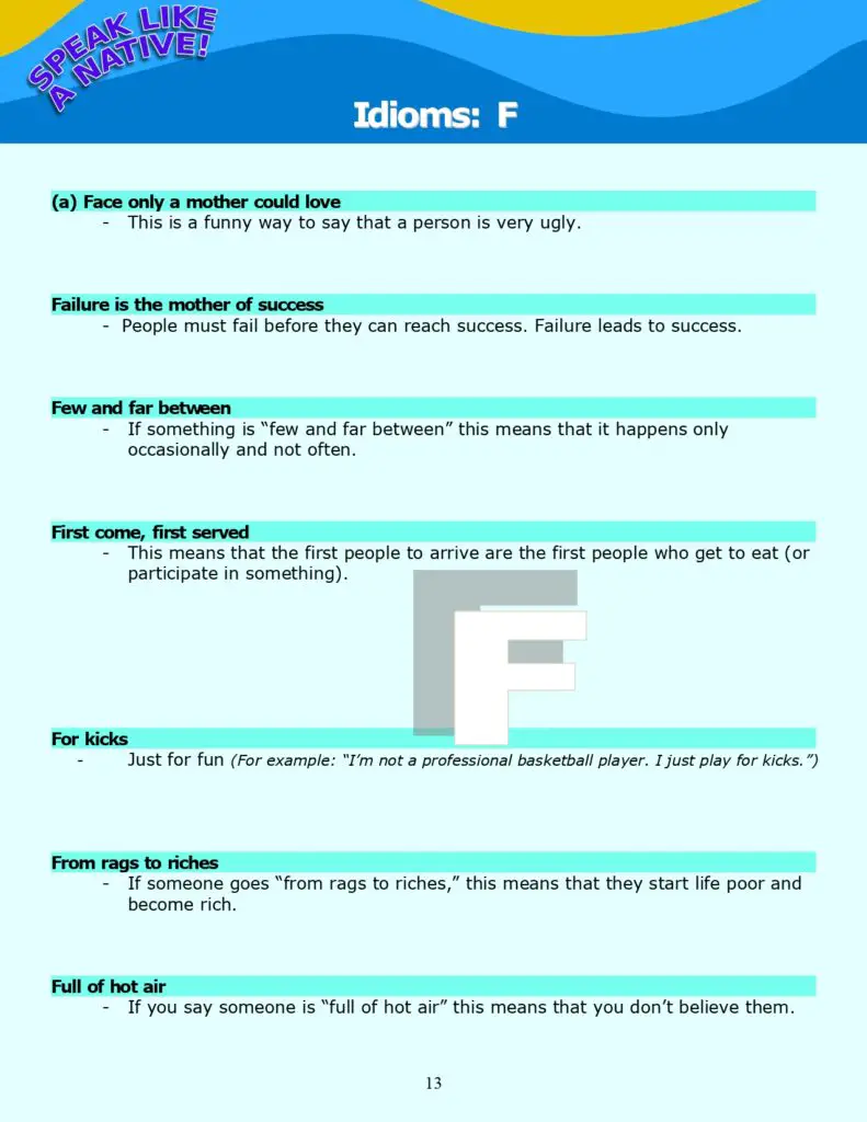 Idioms:"F" - Definitions and Review