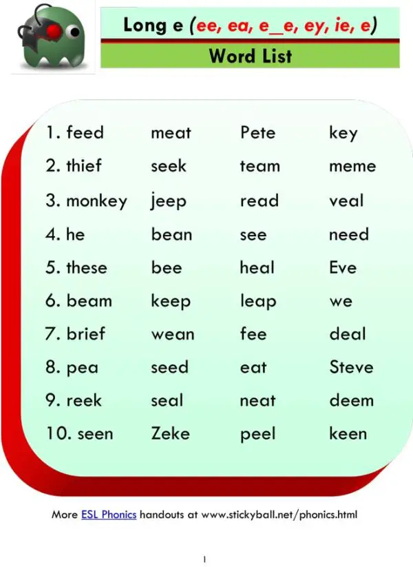 Long e - Word List and Sentences