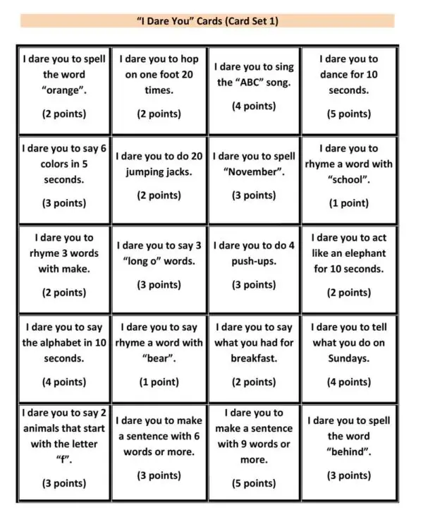 ESL Game: I Dare You (printable cards)