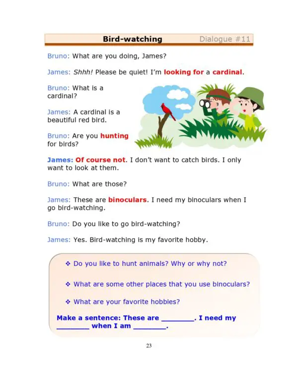 Esl Dialogue Bird Watching Low Intermediate Stickyball Esl Lessons