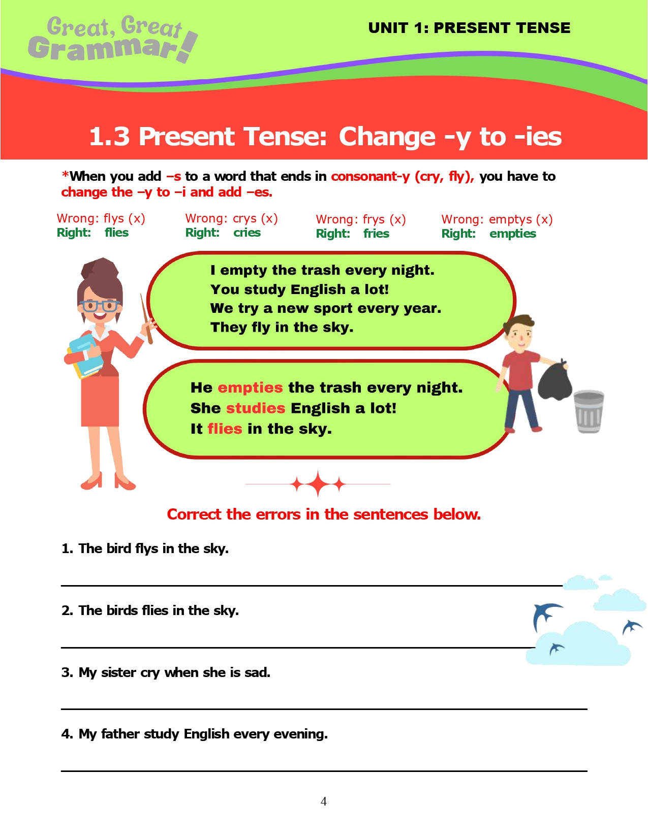 Read more about the article ESL Grammar: PRESENT TENSE (3) – Change -y to -ies