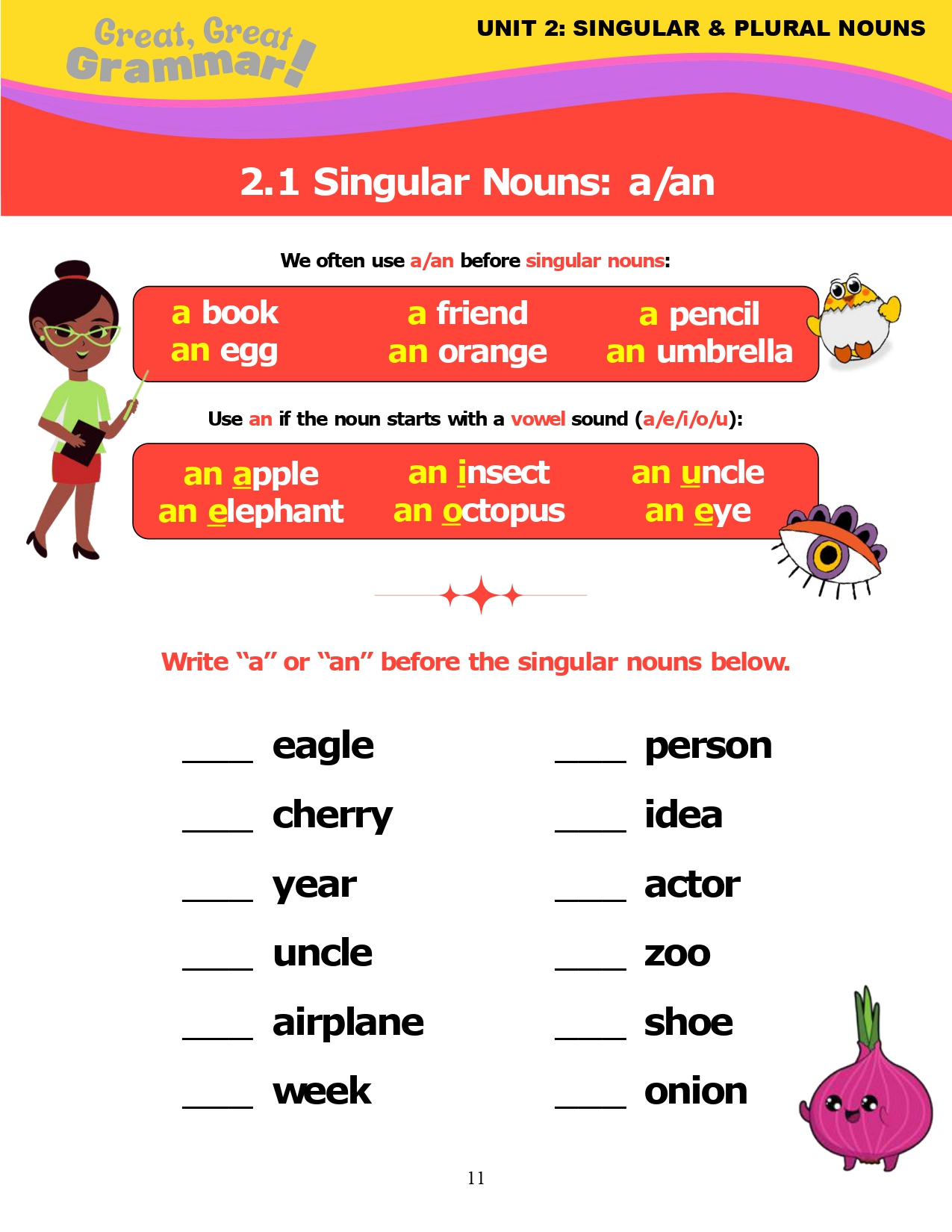 Read more about the article ESL Grammar: SINGULAR NOUNS with a/an