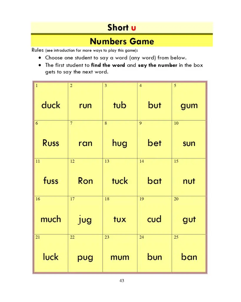 ESL Phonics: Short "u" Numbers Game